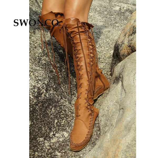 SWONCO Women's High Boots 2018 Spring Autumn PU Leather Fashion Tassel Ladies Thigh High Boot Women Boots Long Boot Woman Shoes